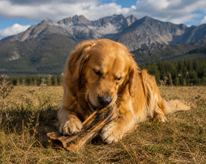 Dog Chewing on pork scapula in open field