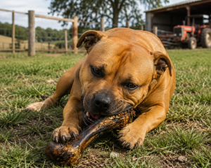 Dog chewing Pork Femur Bone on farm