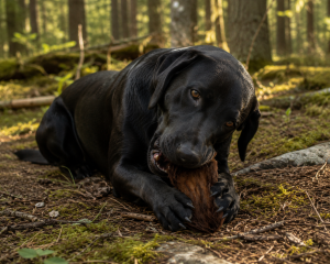 Dog chewing on beef ear in wild