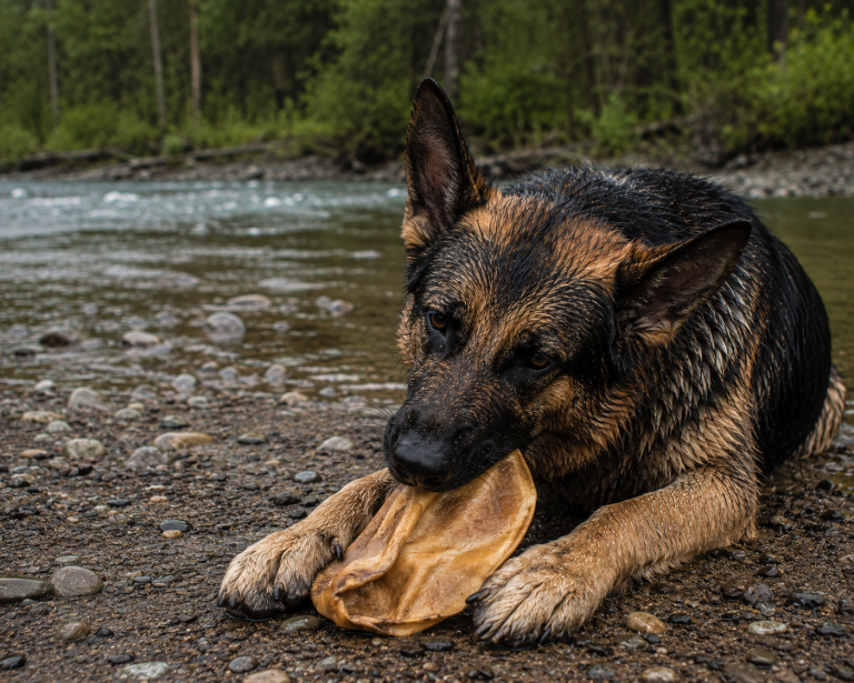 Dog chewing on ear near river