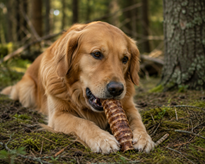 Dog chewing on trachea in nature
